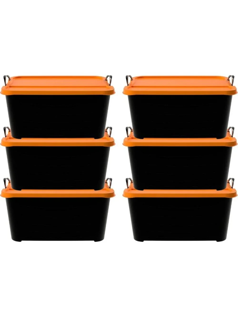 6 Pack Stackable Storage Bins, 55 Qt Home Organizer, Durable Black/Orange Set